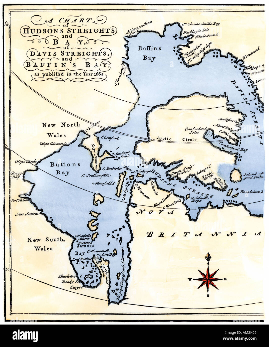 Frühe Karte von Hudsons Strait und Hudson Bay in der kanadischen Arktis 1662. Hand - farbige Holzschnitt Stockfoto