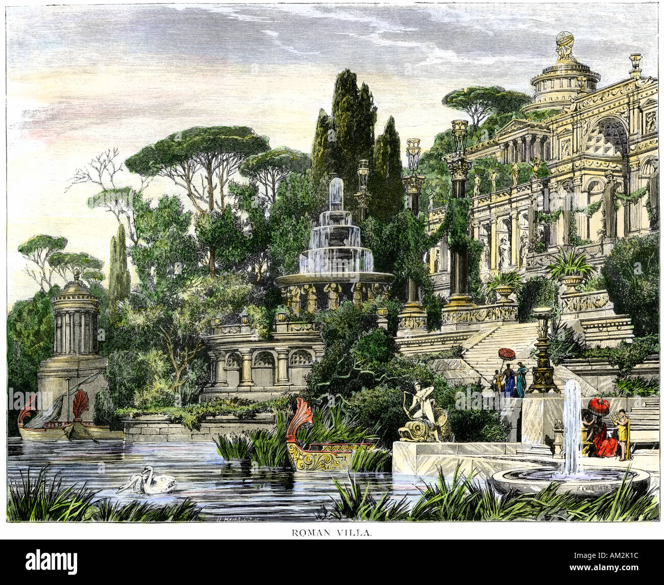 Die Villa eines reichen Bürgers des antiken Roms. Hand - farbige Holzschnitt Stockfoto