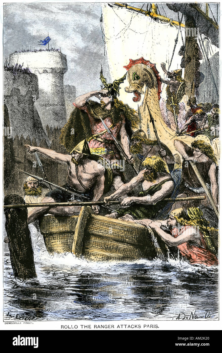 Viking raider Rollo der Ranger Angriff auf Paris über dem Fluss Seine 885 AD. Hand - farbige Holzschnitt Stockfoto