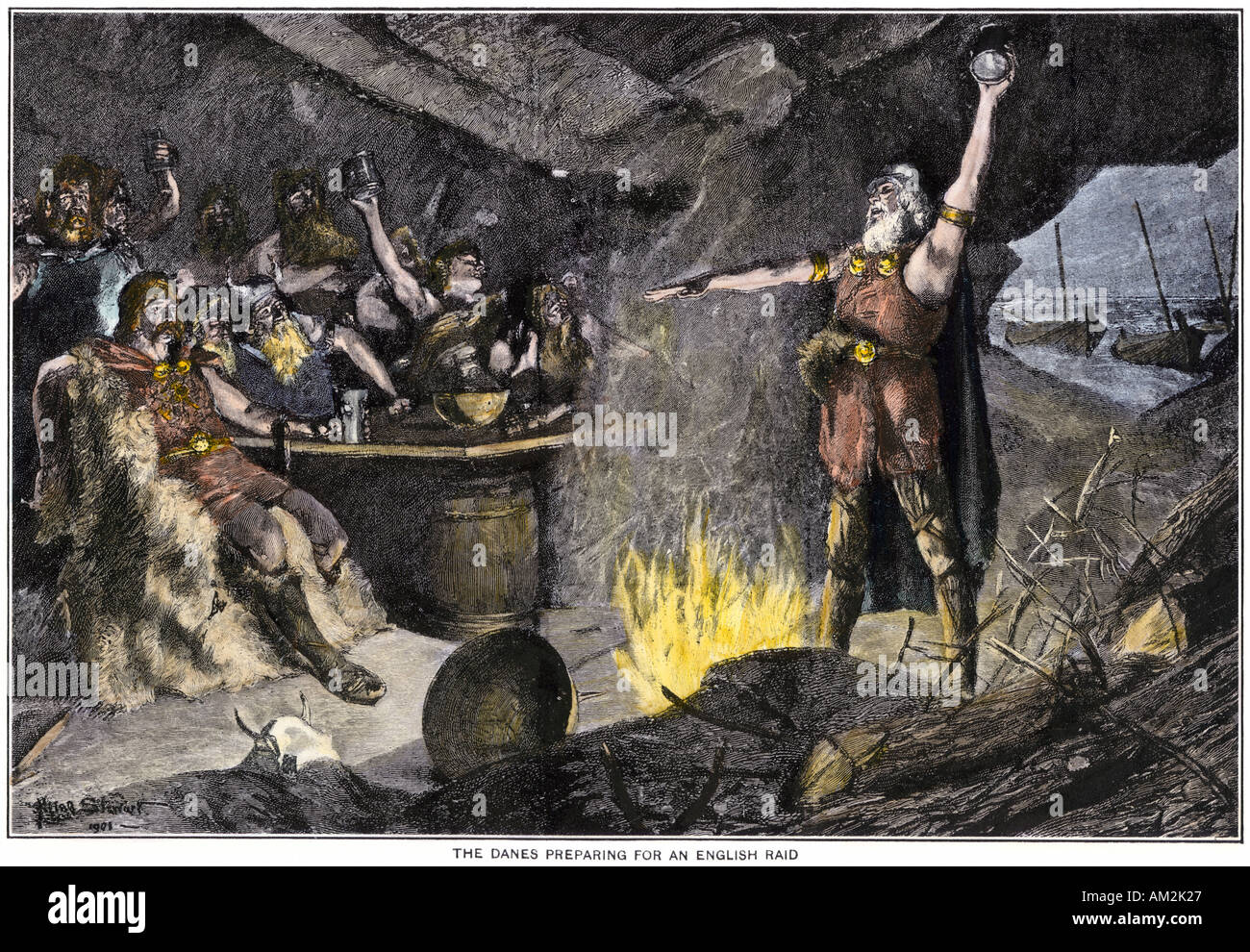 Dänische Wikinger vorbereiten für einen Raid auf der britischen Küste. Handcolorierte halftone einer Abbildung Stockfoto
