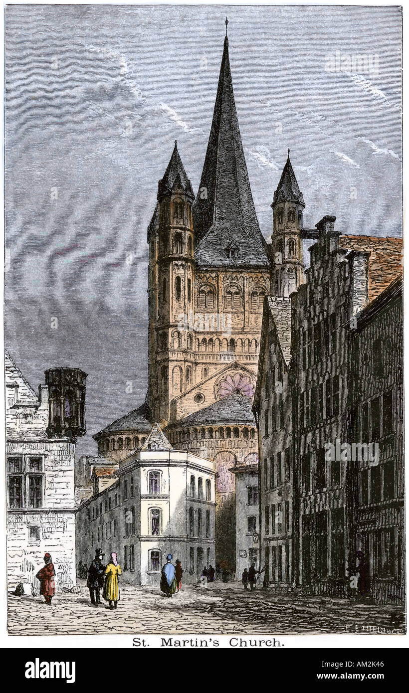 Die Kirche Sankt Martin in Köln Deutschland 1800. Hand - farbige Holzschnitt Stockfoto