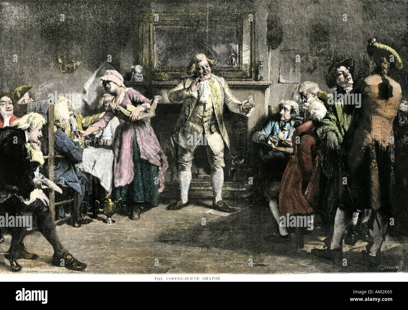 Coffee house Redner in London 1700. Handcolorierte halftone einer Abbildung Stockfoto