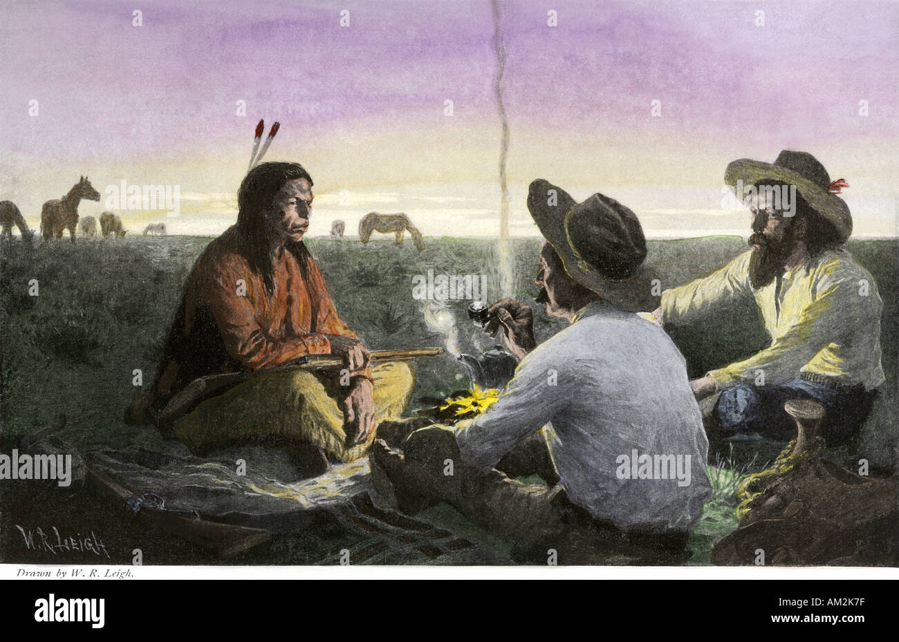 Native American beitritt Cowboys am Lagerfeuer späten 1800er. Handcolorierte halftone einer Abbildung Stockfoto
