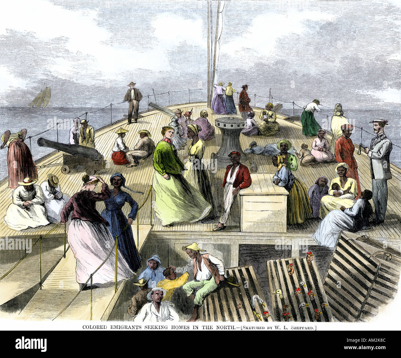 Befreite Sklaven auf einem Boot in den Norden nach dem Bürgerkrieg. Hand - farbige Holzschnitt Stockfoto