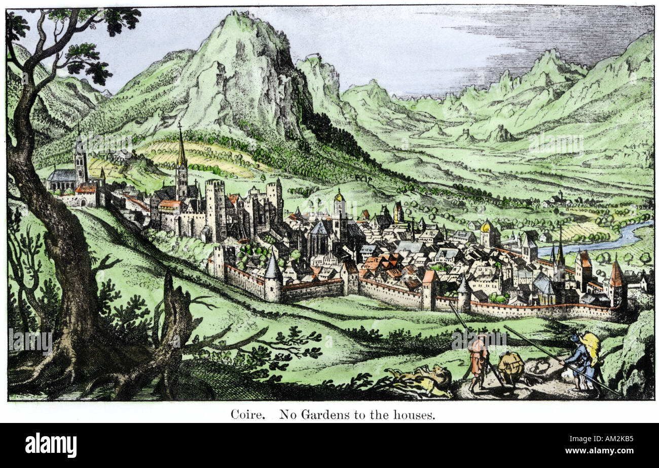 Mittelalterliche Stadt von bottighofen oder Chur in den Schweizer Alpen. Handcolorierte halftone einer Abbildung Stockfoto