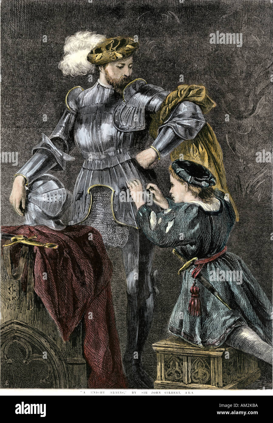 Ritter in Rüstung gekleidet. Hand - farbige Holzschnitt eines John Gilbert Malerei Stockfoto
