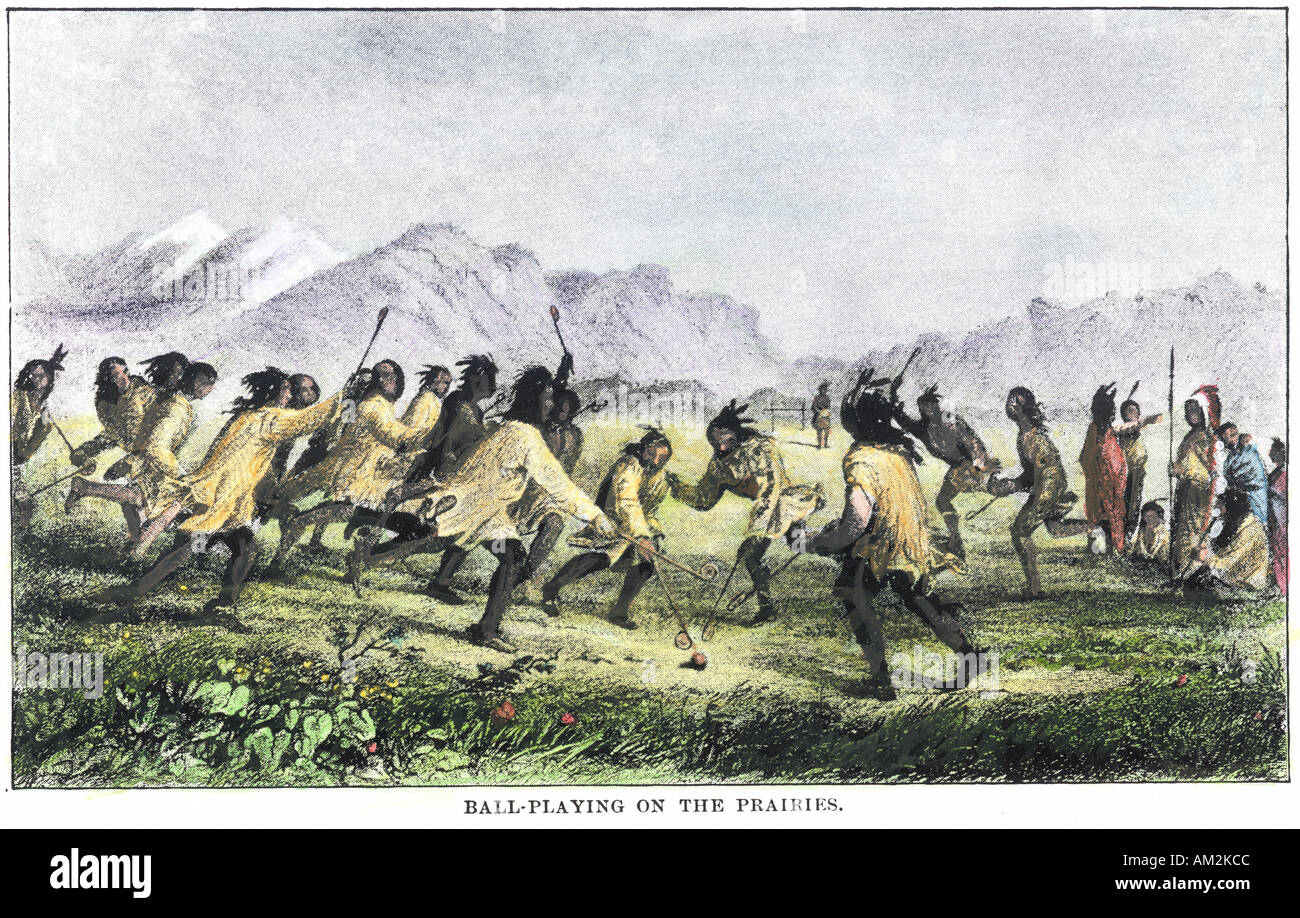 Native Americans lacrosse spielen mit einem Ball und Sticks. Handcolorierte Rasterung von einem Gemälde Stockfoto