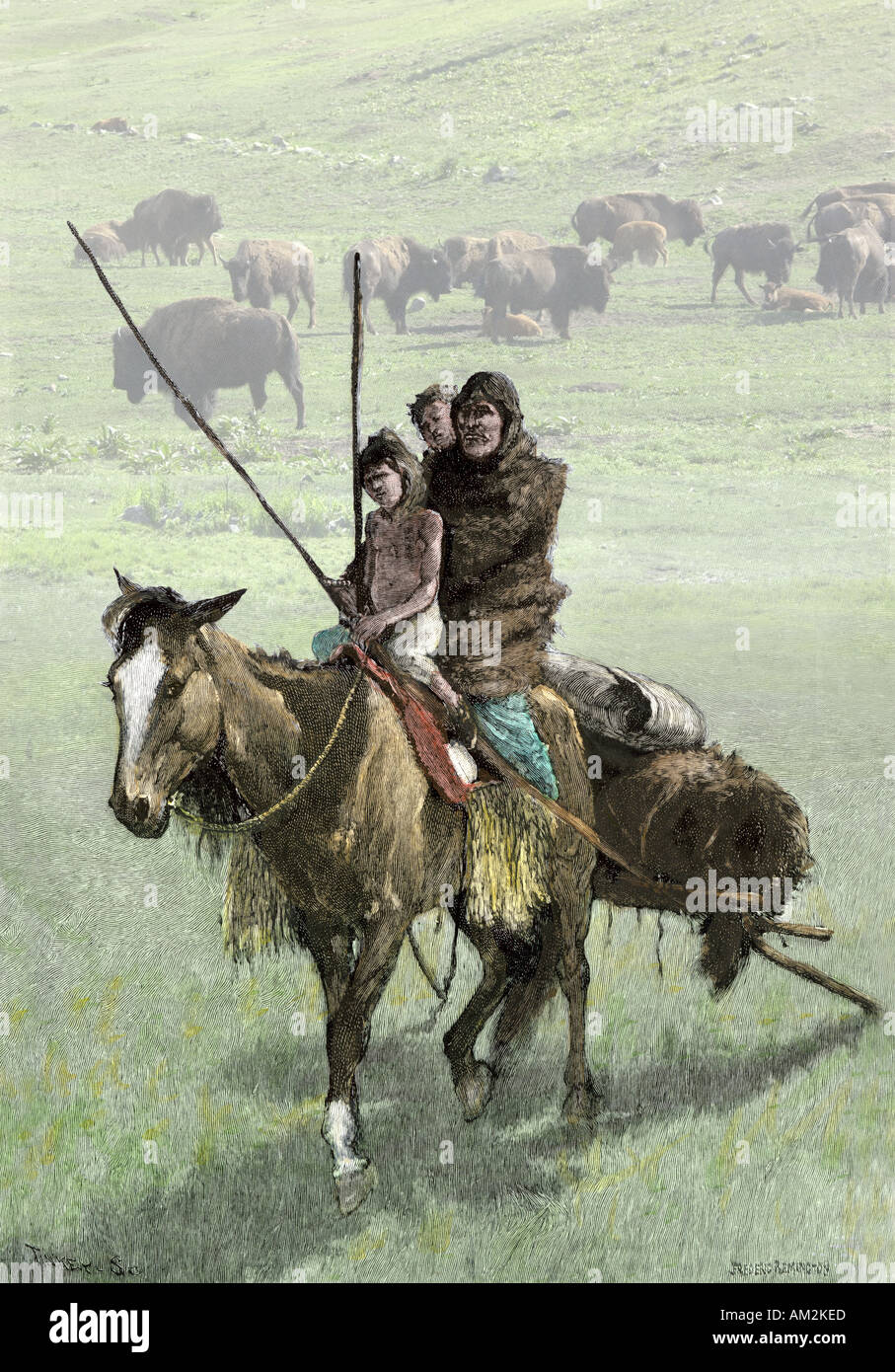 Native American Family ein Pferd reiten das Ziehen eines travois auf der Prärie. Handkolorierte Holzschnitte digital mit einem Foto kombiniert Stockfoto