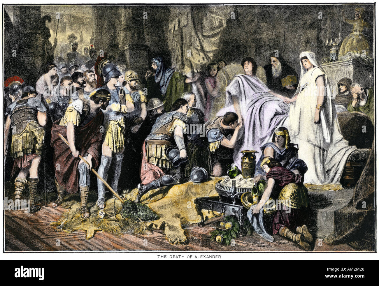 Soldaten zahlen abschließende Tribut an den sterbenden Alexander der Große 323 v. Chr. in Babylon. Handcolorierte halftone einer Abbildung Stockfoto