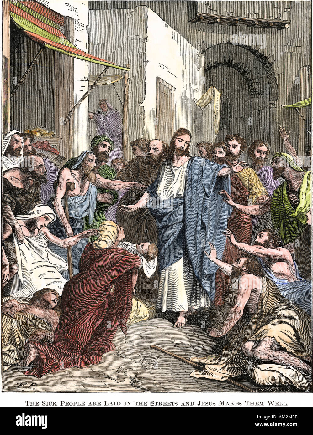 Kranke Menschen sind auf den Straßen für Jesus gelegt, gut zu machen. Hand - farbige Holzschnitt Stockfoto