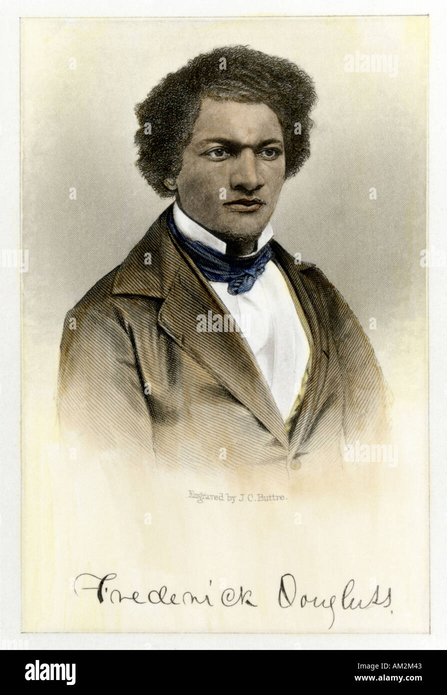 Frederick Douglass als junger Mann mit seinem Autogramm. Handcolorierte Stahlstich Stockfoto