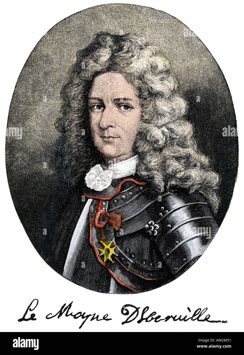 Pierre Le Moyne Sieur d'Iberville Portrait mit Autogramm. Hand - farbige Holzschnitt Stockfoto