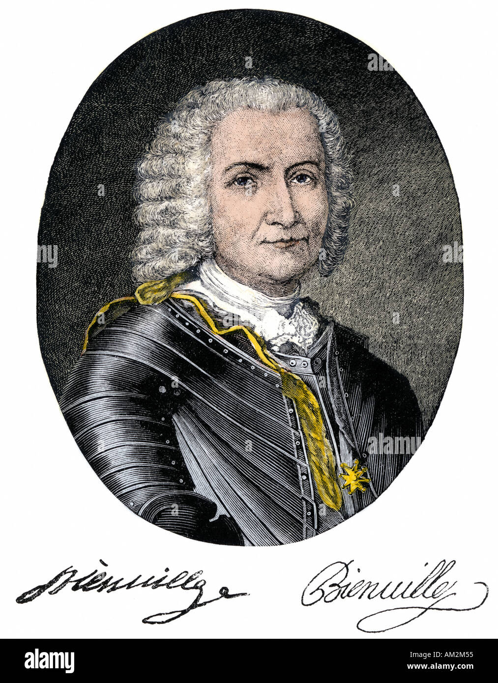 Jean Baptiste Le Moyne Sieur de Bienville Portrait mit Autogramm. Hand - farbige Holzschnitt Stockfoto