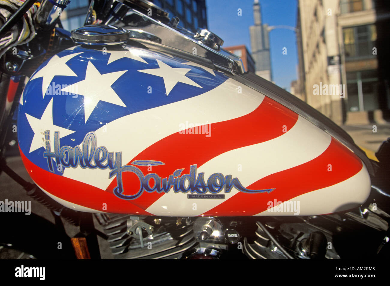 Einem roten weißen und blauen Harley Davidson Motorrad in Chicago Illinois Stockfoto