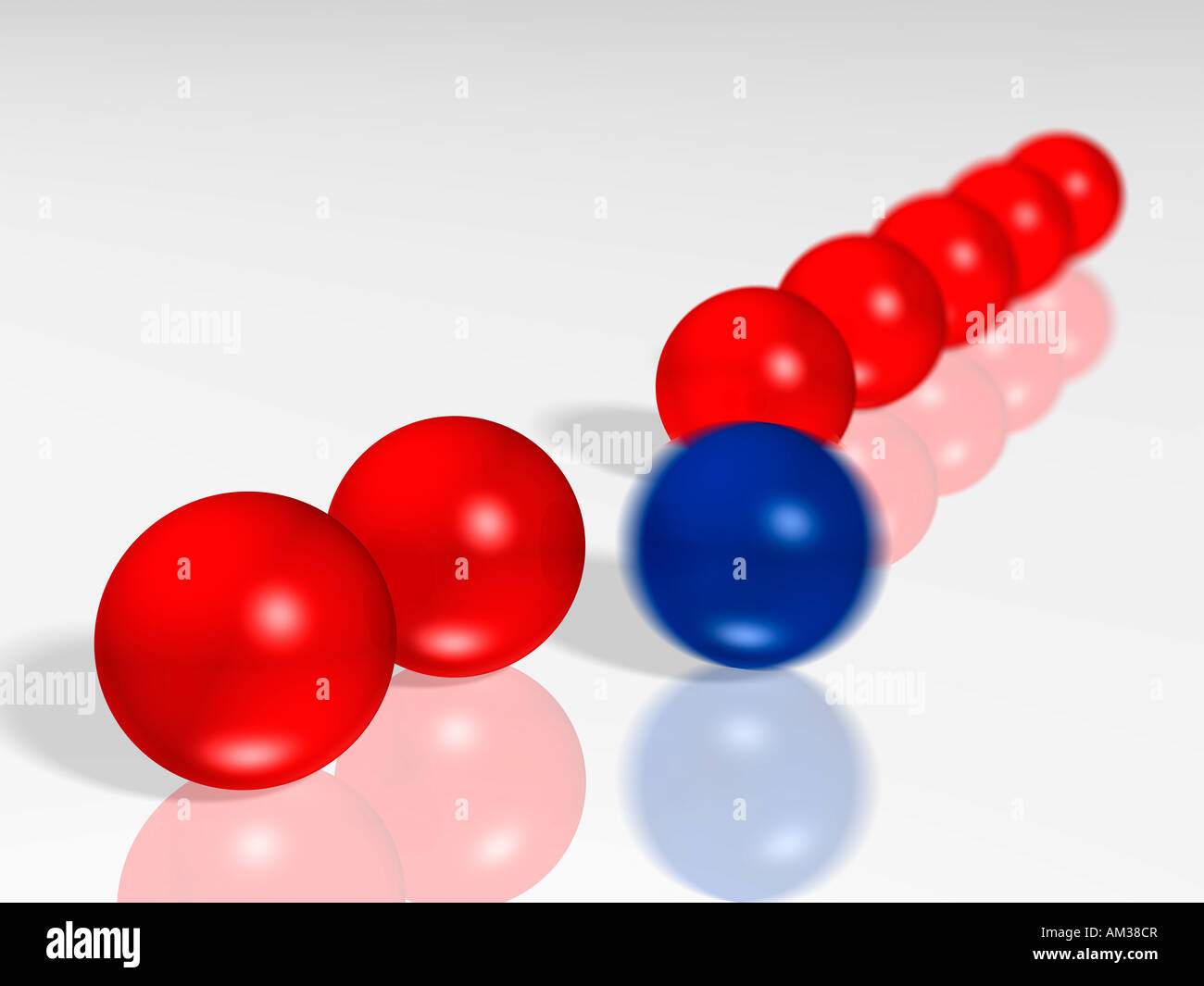 3D Darstellung der Kugeln in einer Linie. Eine Kugel Wegrollen. Stockfoto