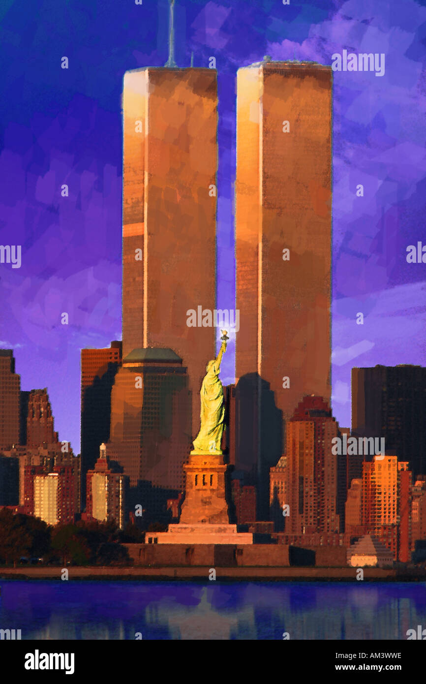 Foto Eindruck World Trade Center hinter der Statue of Liberty Stockfoto