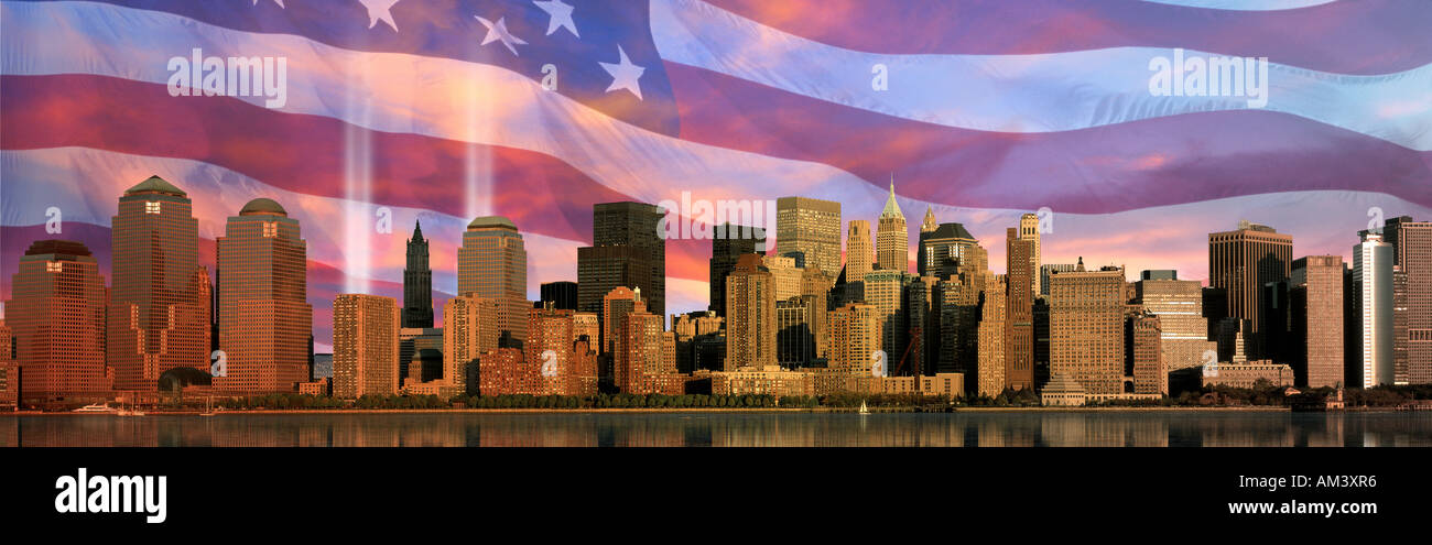 Digital composite Skyline von Manhattan World Trade Center Light Memorial American flag Stockfoto