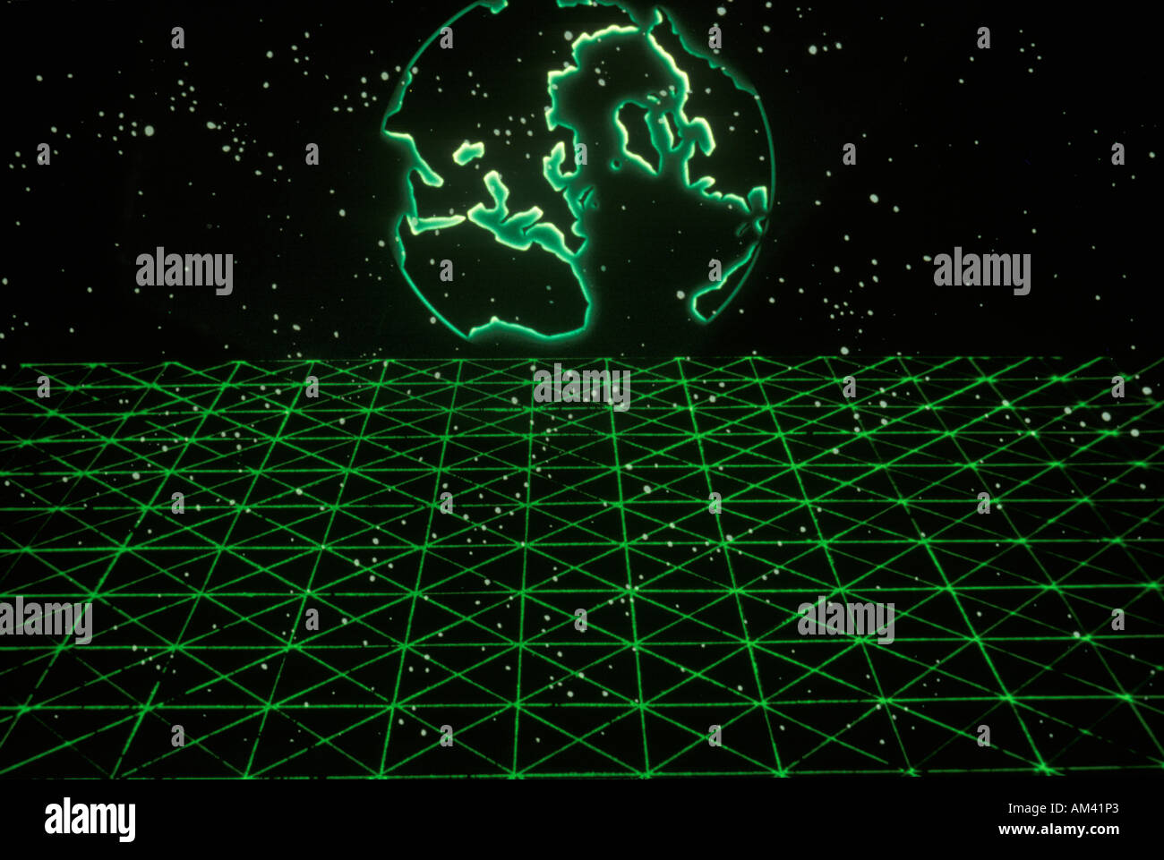 Raum Spezialeffekte Komposit mit Erde Silhouette und Raster von grünen Laser-Licht Stockfoto
