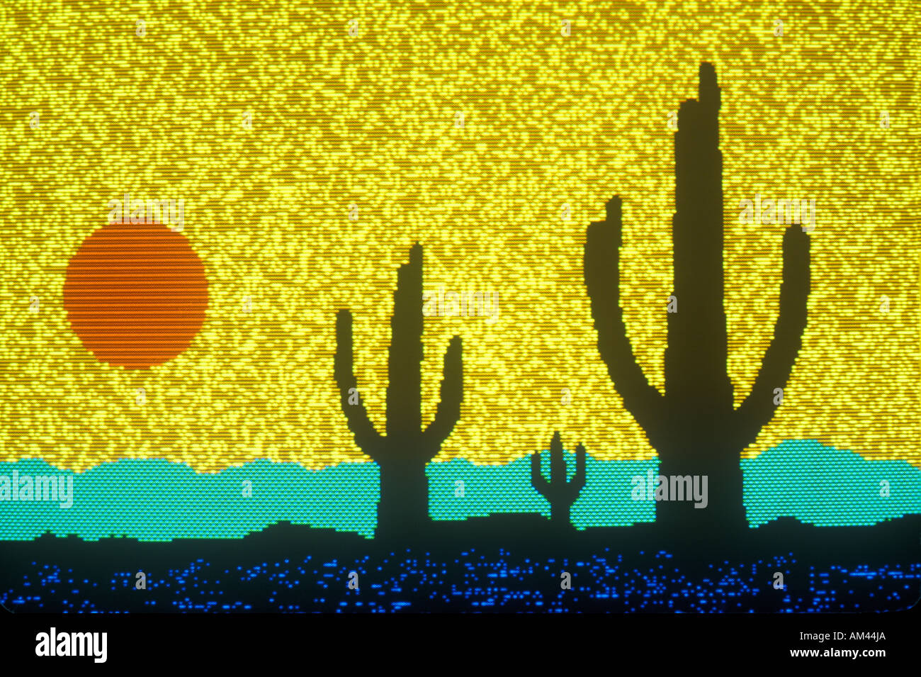 Frühe Computergrafik der Wüstenszene mit Kakteen und Sonne Stockfoto