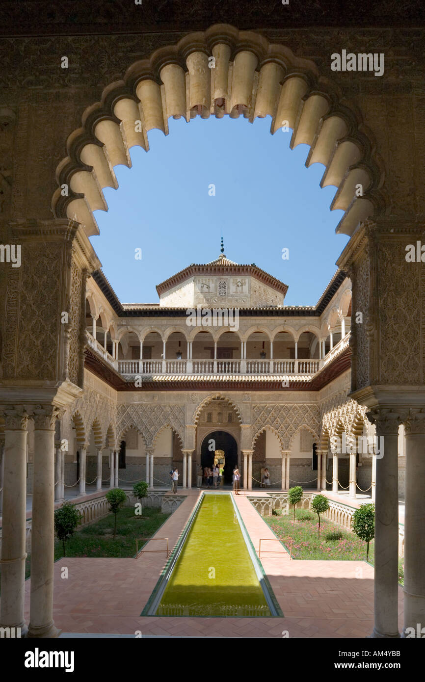 Sevilla, Alcazar.The Patio de Las Huasaco (The Courtyard der Jungfrauen), Alcazar, Sevilla, Andalusien, Spanien Stockfoto