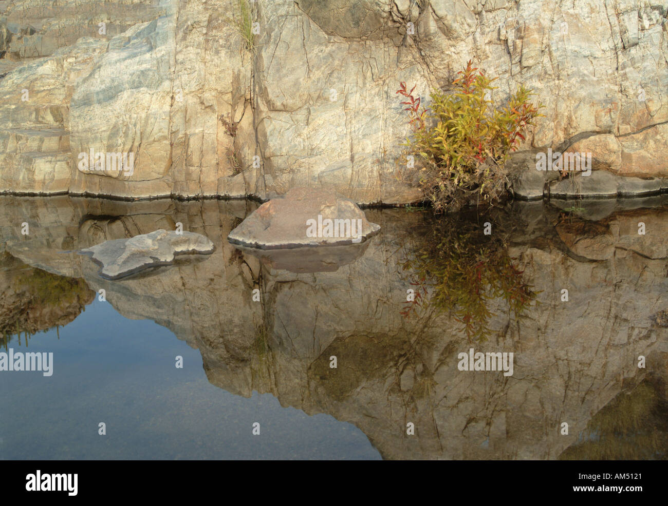 Pool von ruhigem Wasser und Reflexionen von einer Klippe im amerikanischen Südwesten Stockfoto