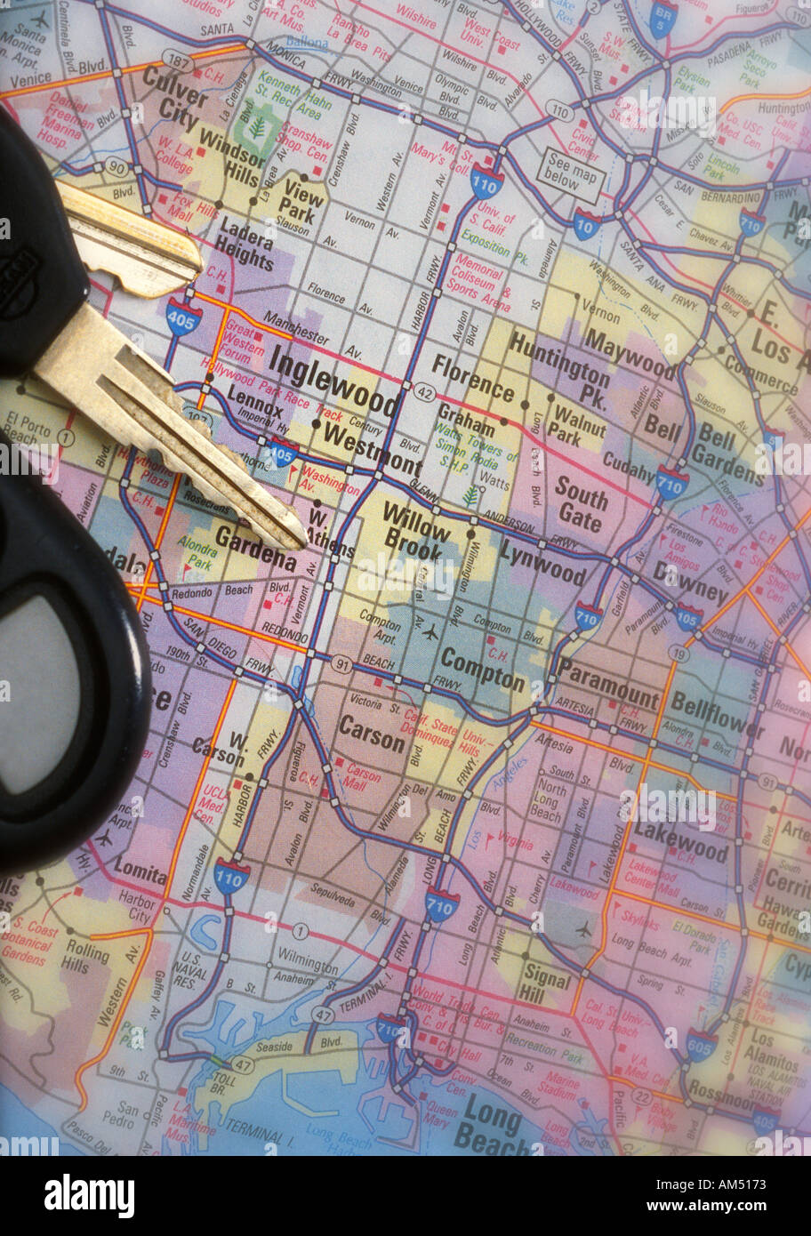 Detail einer Straßenkarte von Los Angeles Kalifornien mit Autoschlüssel Stockfoto