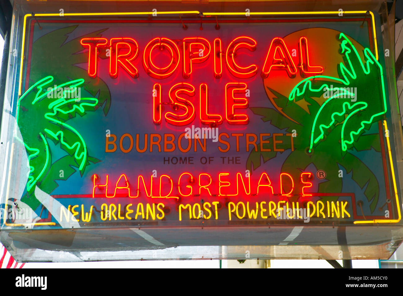 Tropische Insel-Leuchtreklame im French Quarter von New Orleans Louisiana Stockfoto