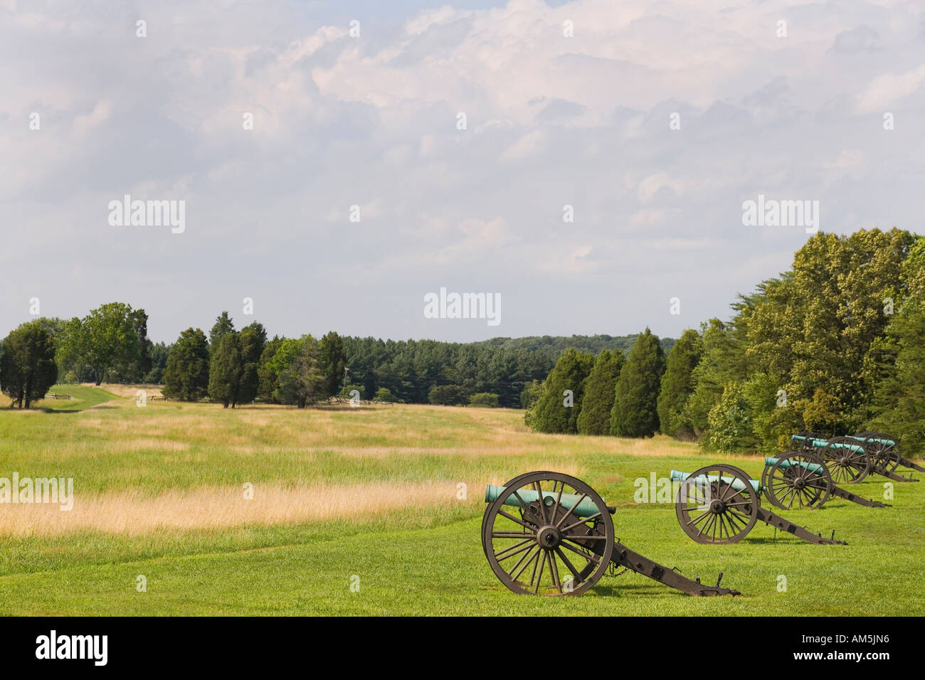 Manassas National Battlefield Park. Batterie aus verschiedenen Bronze gegossen Napoleons Kanonen und Parrot-Geschütze. Am Bull Run. Stockfoto