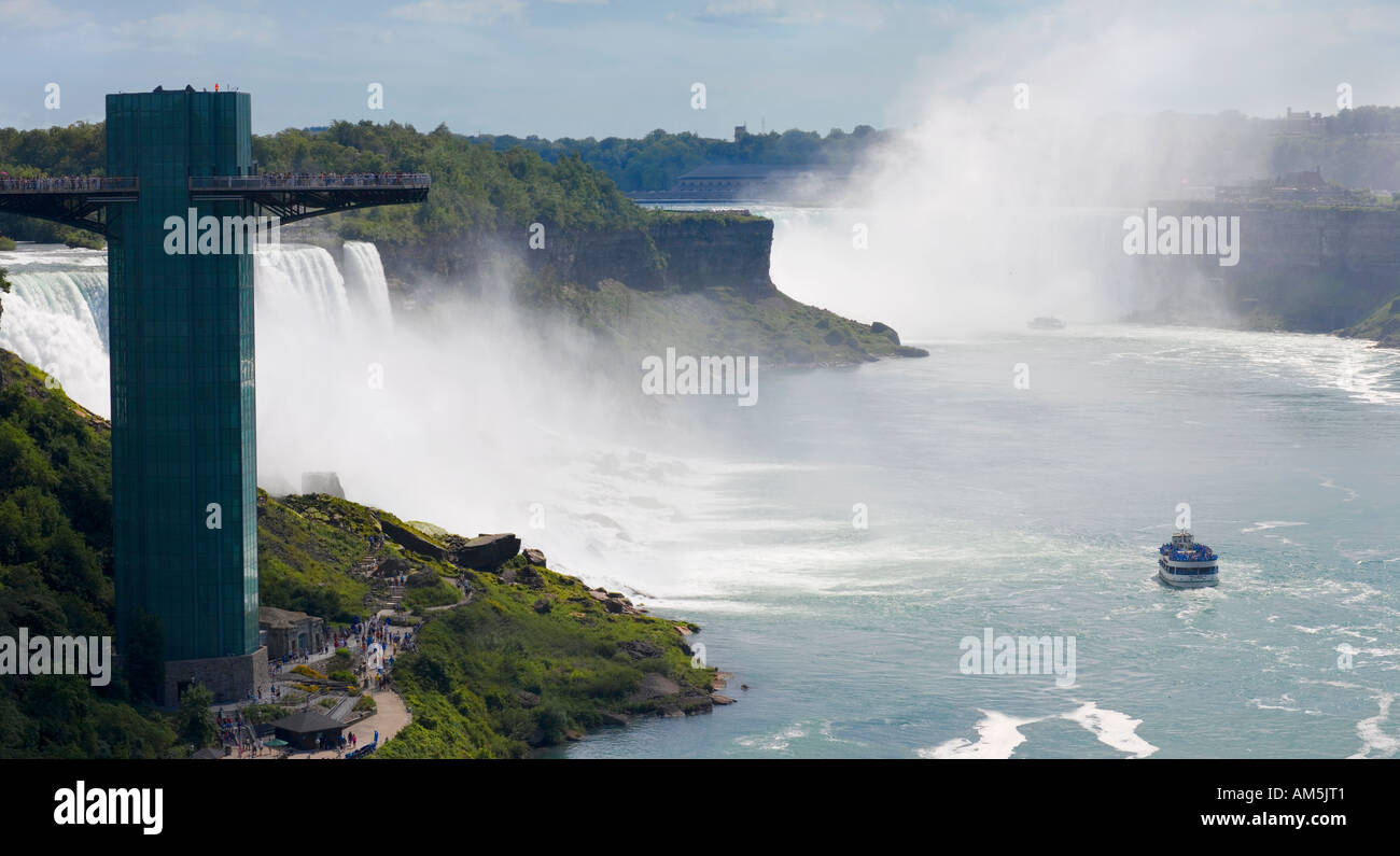 Panorama von Niagara Falls mit Niagara Falls Aussichtsturm mit Touristen. Horseshoe Falls. Amerikanischen und kanadischen Seiten. Stockfoto