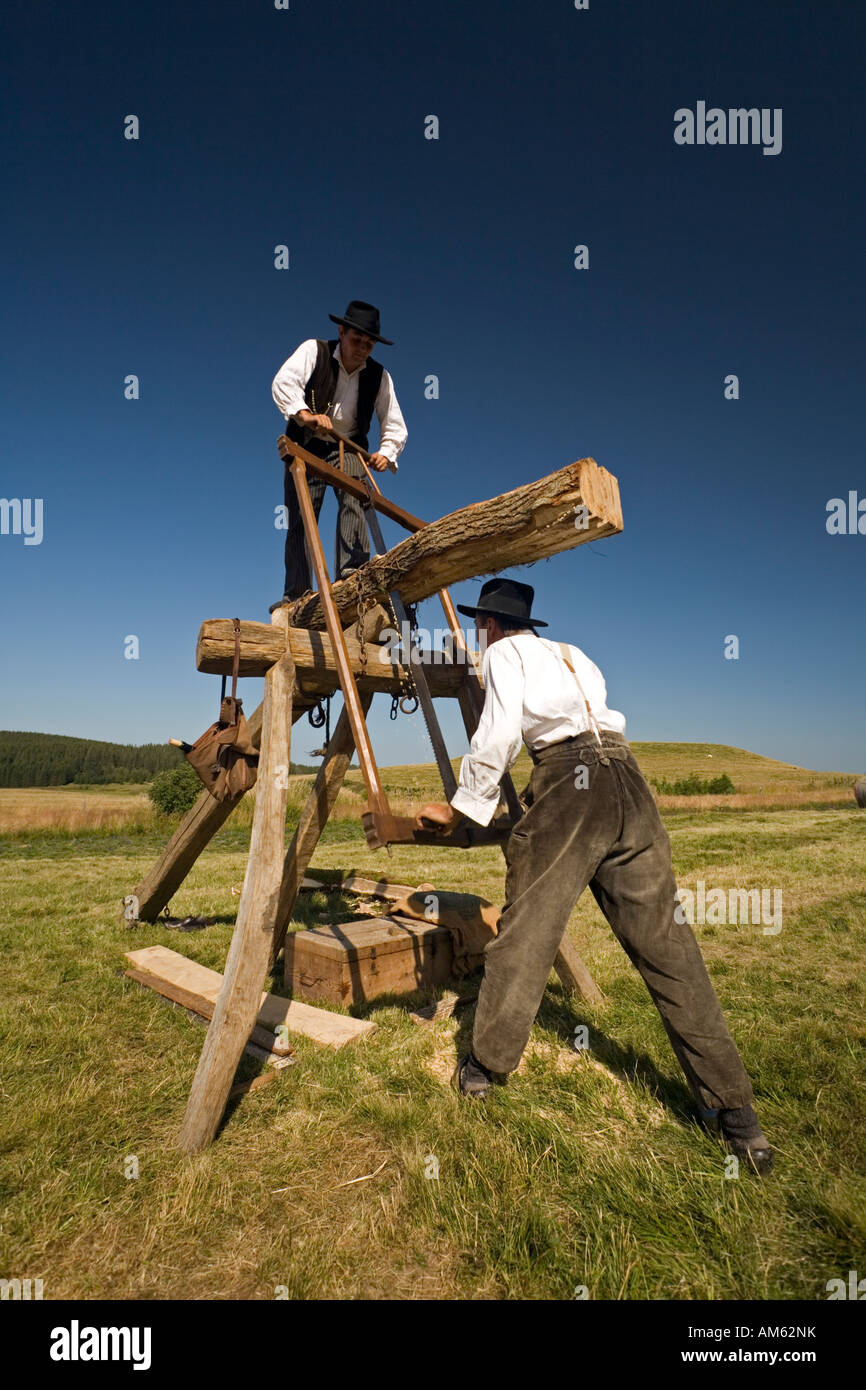 Grube Waldarbeiter bei der Arbeit (Puy-de-Dôme - Frankreich). Scieurs de lange in Aktion (Puy-de-Dôme 63 - Frankreich). Stockfoto