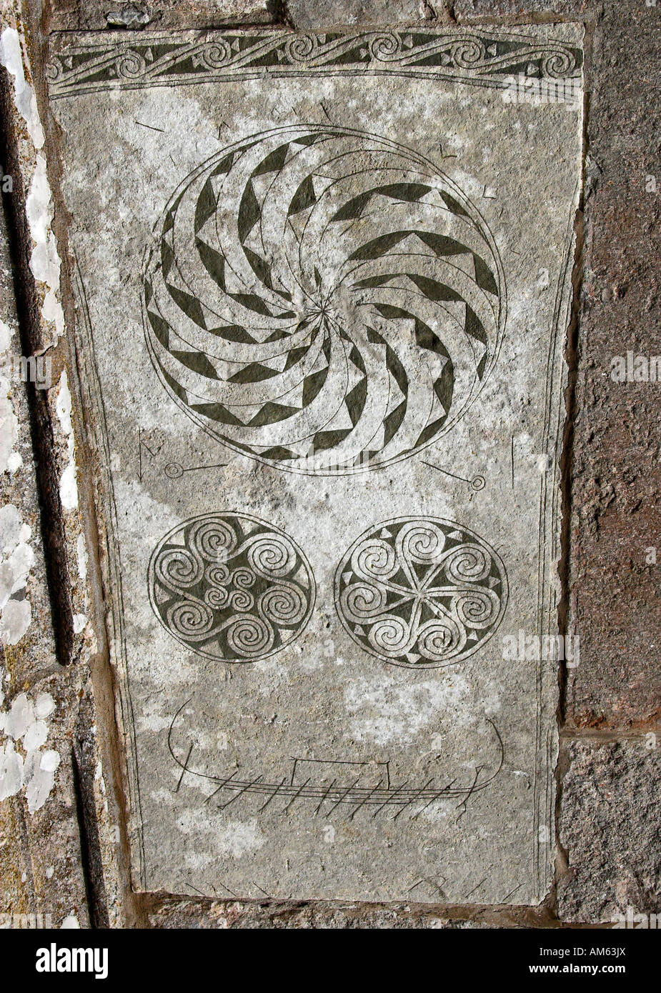 Detail von einem Wikinger-Bild-Stein in Bro, Gotland, Schweden Stockfoto