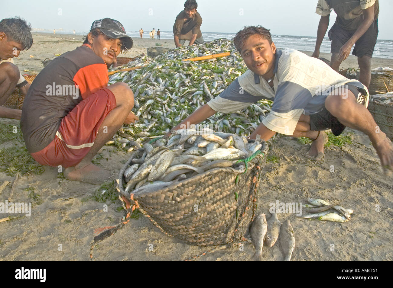 Pakistanischer Fischer den Fang des Tages Aussortieren in der Nähe von Clifton Beach in Karachi, Pakistan Stockfoto
