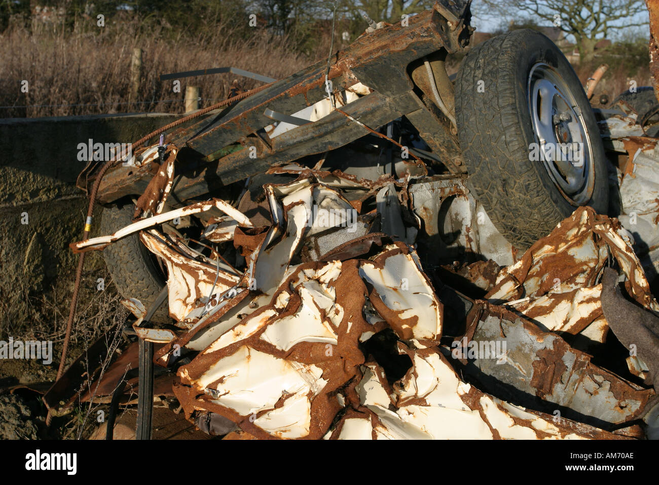 Ein Autowrack erholte sich von Brachland und in einen Müllcontainer geworfen Stockfoto