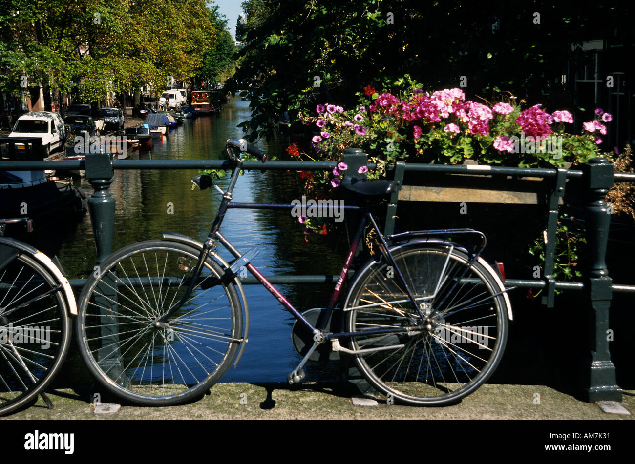 Niederlande Amsterdam Bike Blumen Canal Fahrrad Stockfoto