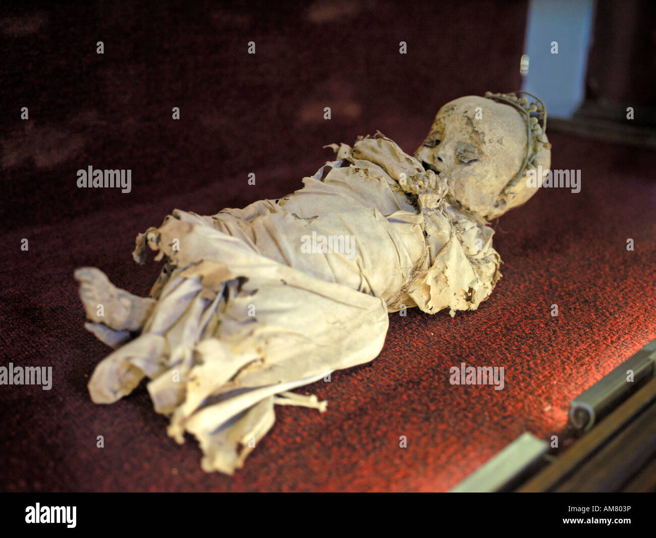 Ein nettes mumifizierten Kind legt schlafend im Museum der Mumien in Mexiko. Stockfoto