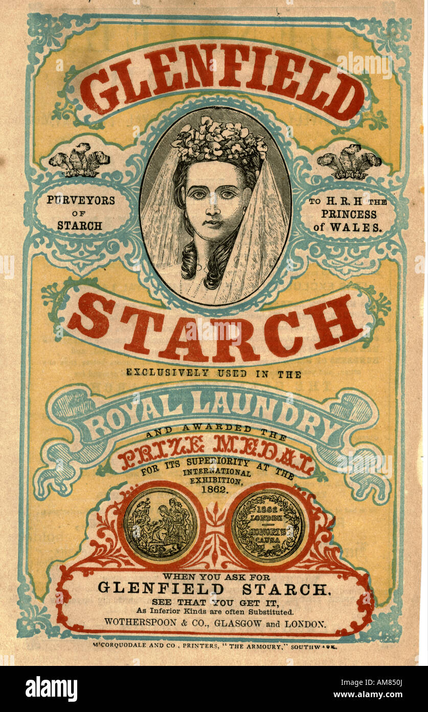 Viktorianische Werbeeinlage für Glenfield Stärke, Lieferanten von Stärke an S.R.H. die Prinzessin von Wales um 1864 Stockfoto