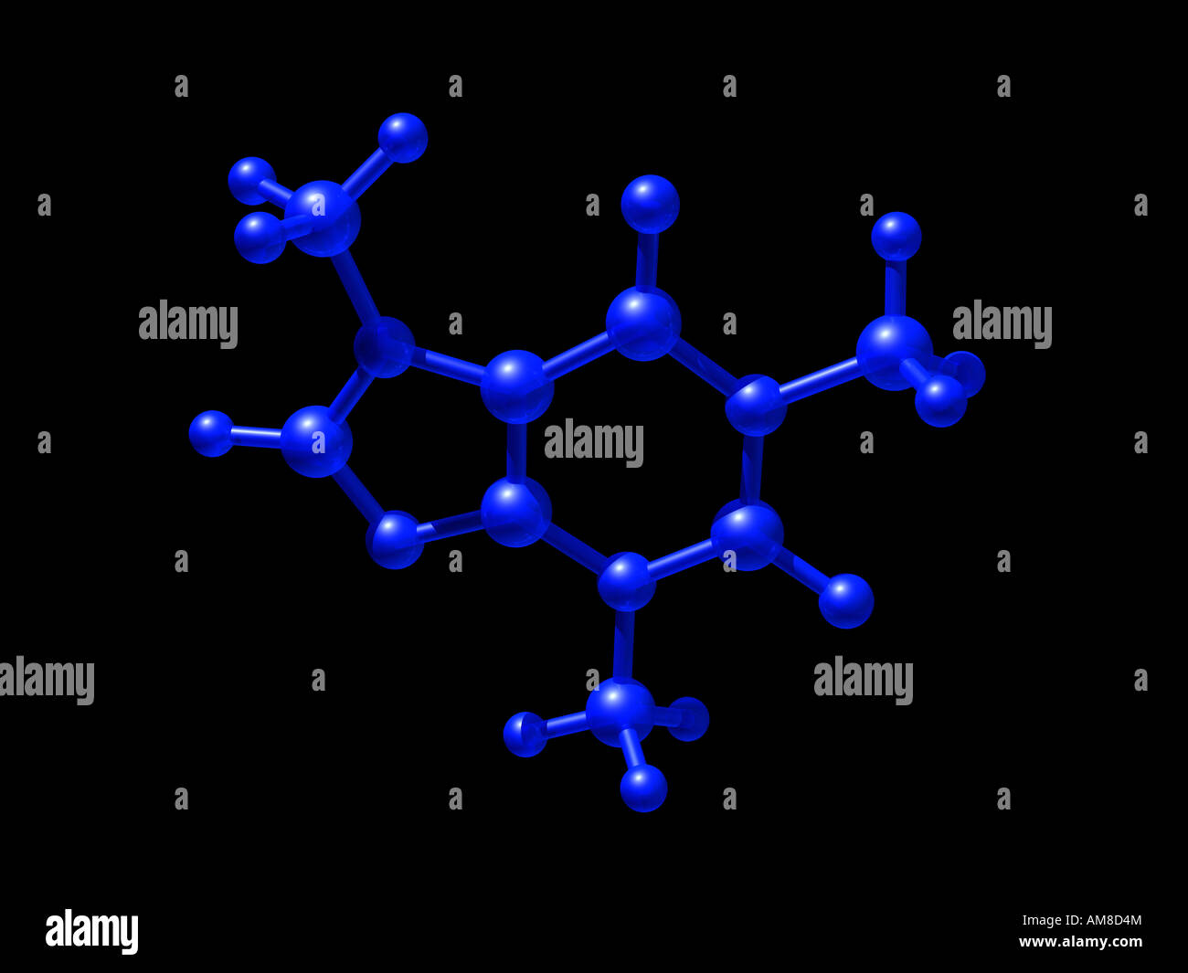 Blauen Modell von Koffein Molekül auf schwarzem Hintergrund. Stockfoto