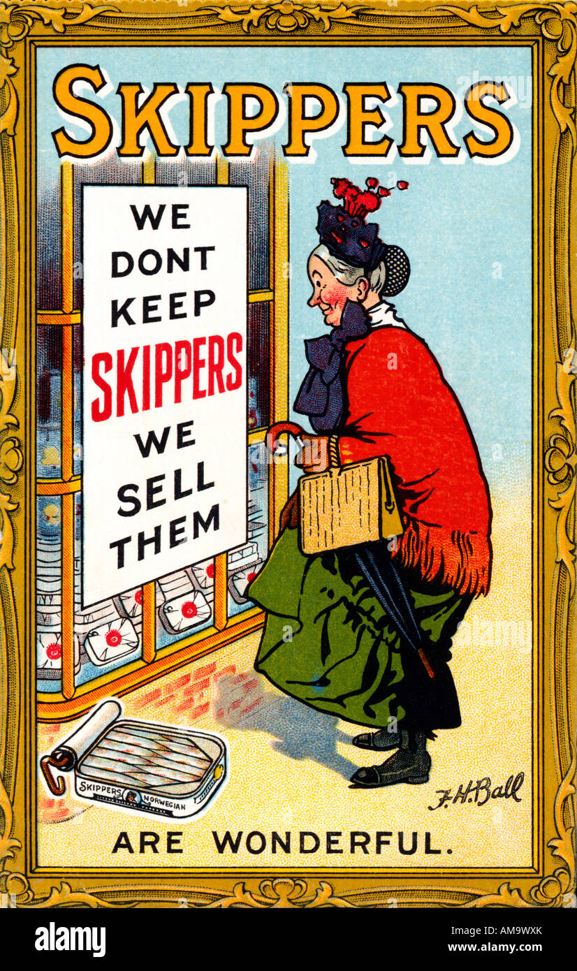 Skipper Sardinen Edwardian Werbung für die beliebte verzinnt Fisch von Angus Watson und Co von Newcastle Upon Tyne Stockfoto