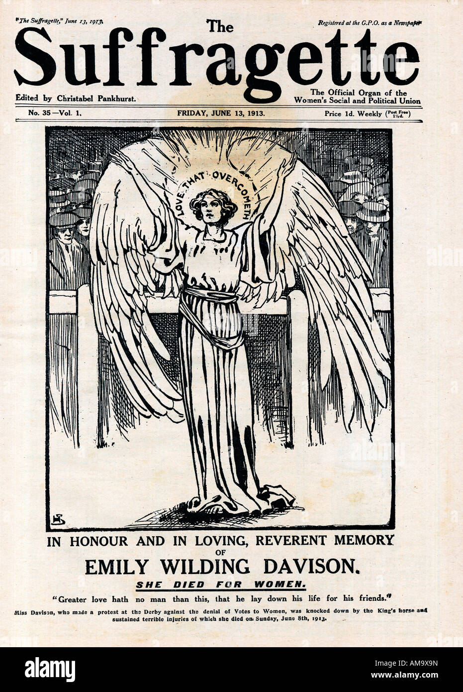 Suffragette Emily Wilding Davison Denkmal Ausgabe 13. Juni 1913 der Zeitung herausgegeben von Christobel Pankhurst Stockfoto