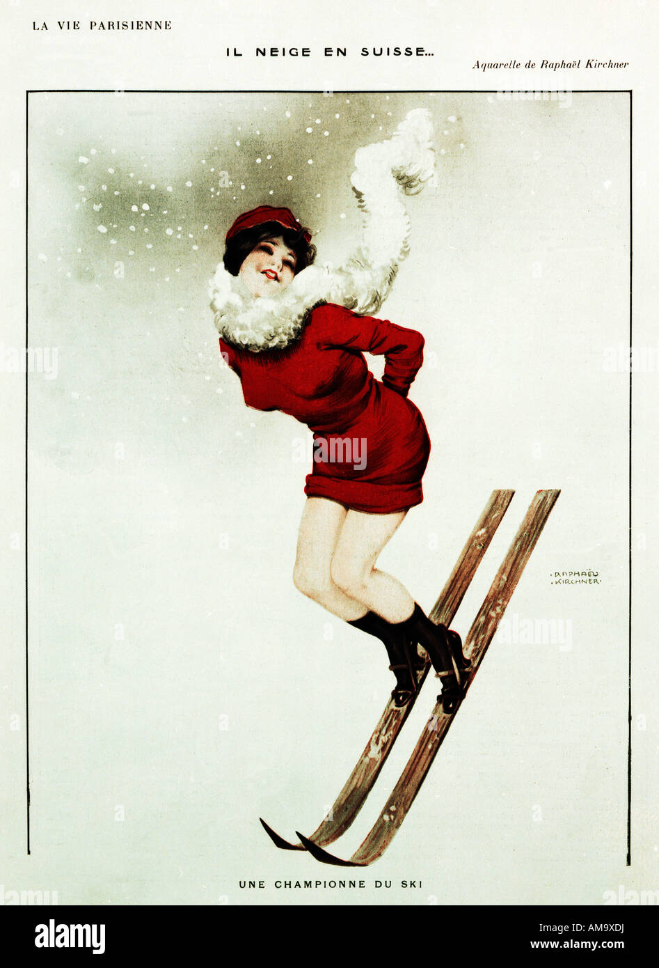 Il Neige En Suisse Vie Parisienne-Illustration von Raphael Kirchner von einem Ski-Champion anscheinend schneit es in der Schweiz Stockfoto