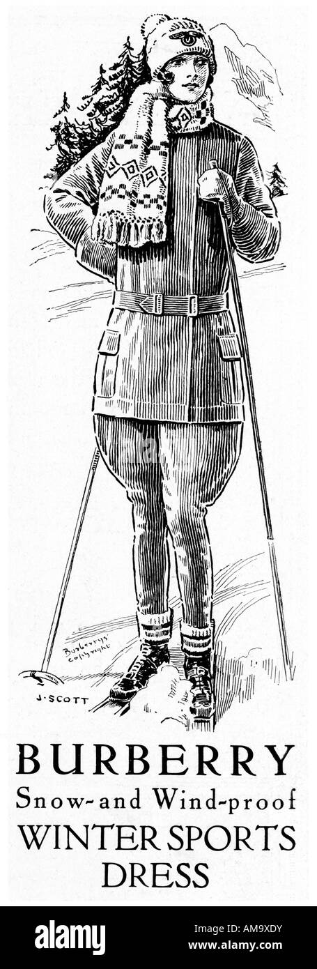 Burberry Skifahrer 1925 Werbung für die modischen Londoner Bekleidungsgeschäft und ihre Wintersport-Kleid Stockfoto