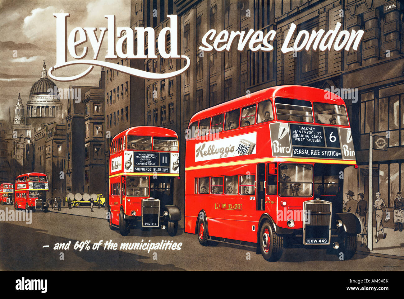Leyland Titan Busse 1950er Jahre Poster für den Vorläufer der Routemaster einen 8ft breite RTW gefolgt von 7ft 6in RTL Stockfoto