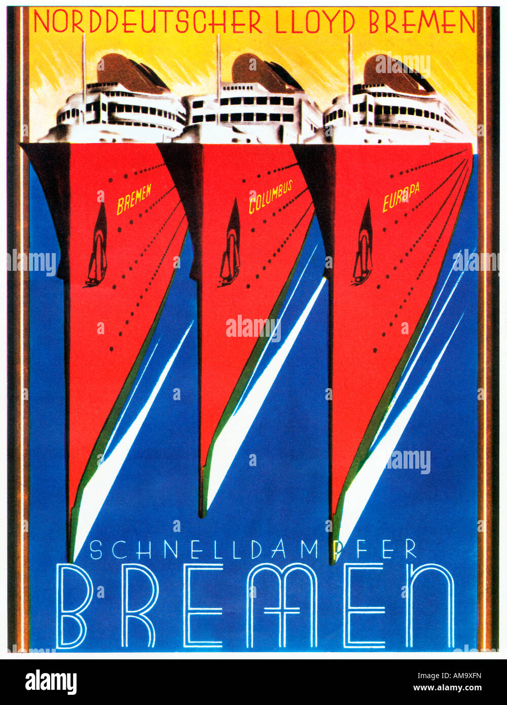 Schnelldampfer Bremen 1930er Jahre Art-Deco-Plakat für die schnelle Dampfer Trans Atlantic Liniendienst von Norddeutscher Lloyd Bremen laufen Stockfoto