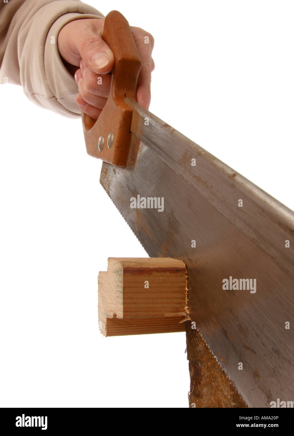 Sägen von Holz Stockfoto