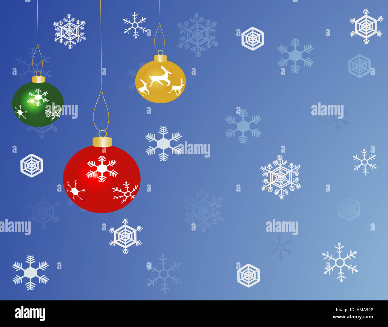 Grün rot und gelb Weihnachten Kugeln mit einem blaue Schneeflocke Hintergrund Stockfoto