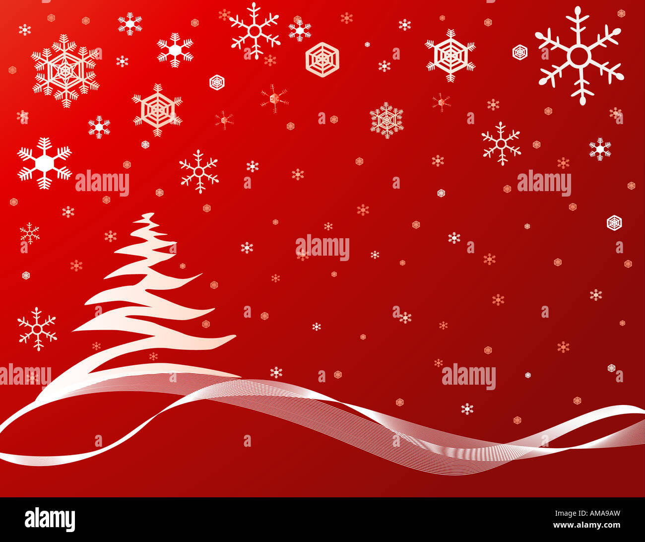 Roter Hintergrund mit Schneeflocken und einen Weihnachtsbaum Stockfoto