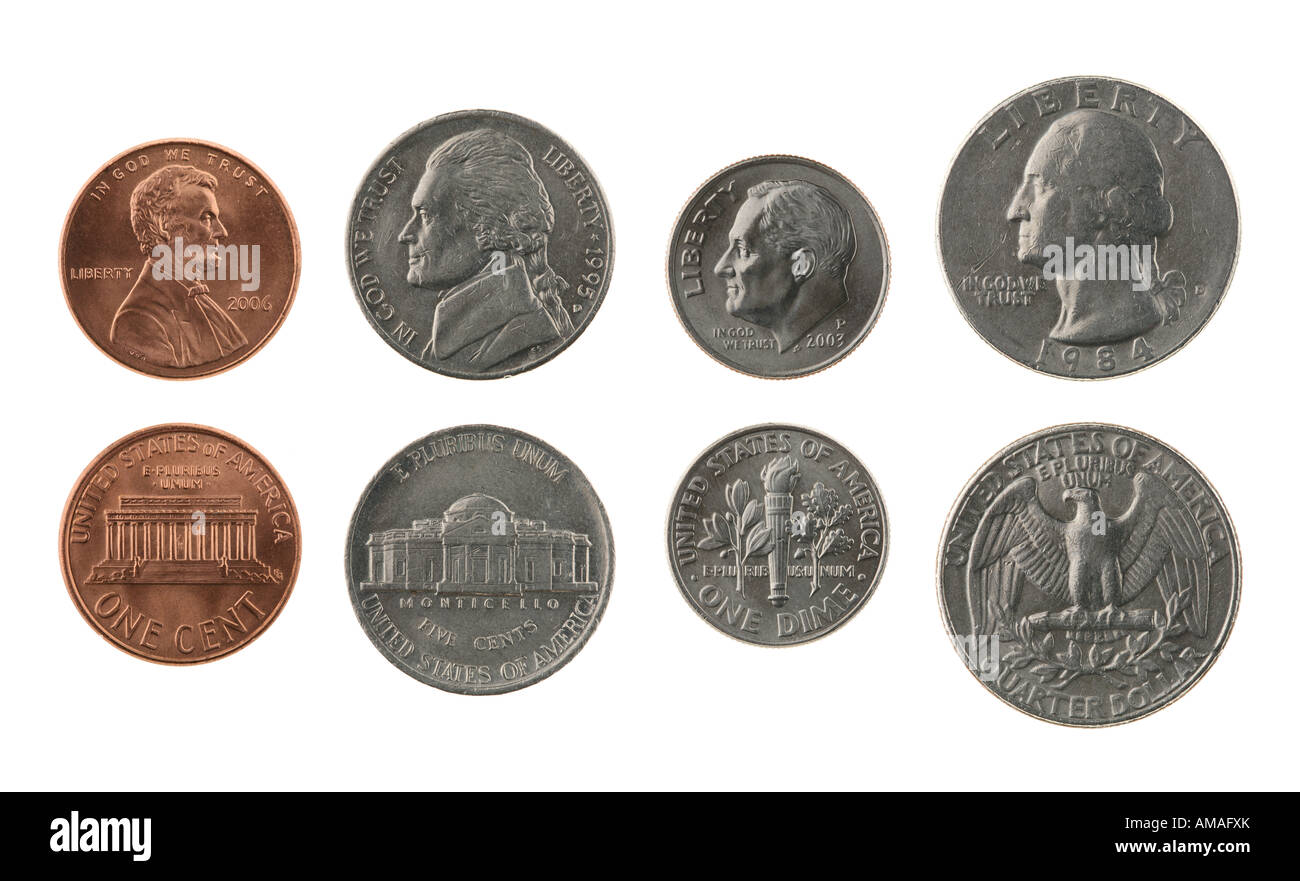 U.S. Münzen Sammlung isoliert auf weißer Vorderseite und Rückseite Stockfoto