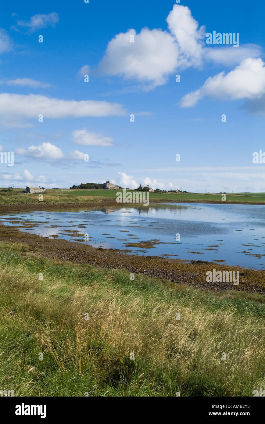 dh Mühle Sand TANKERNESS ORKNEY Algen Badebucht und Bauernhäuser Stockfoto