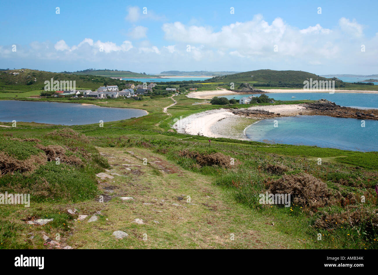 Die Aussicht vom Gweal Hill, Bryher, Isles of Scilly Cornwall UK. Stockfoto