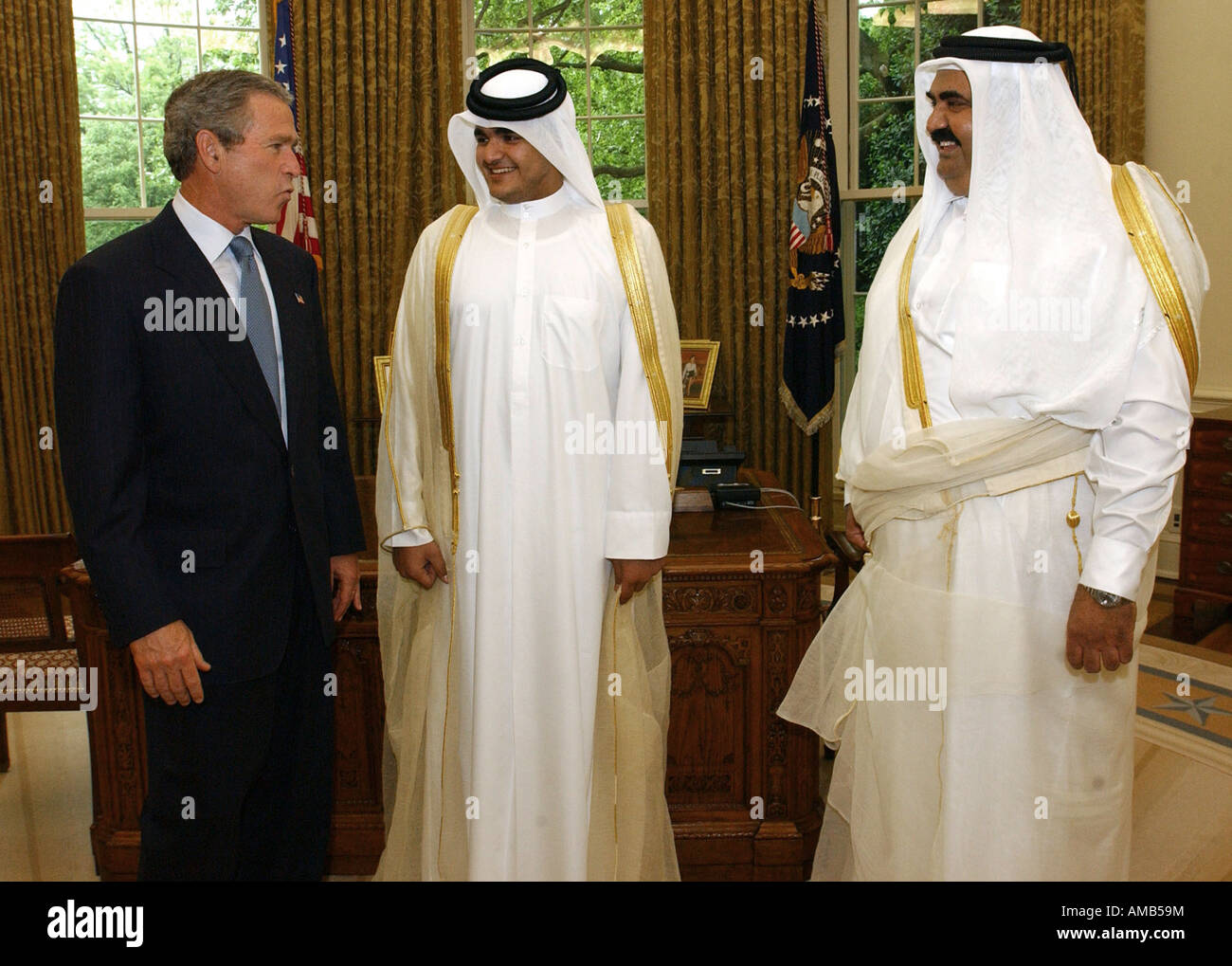 Scheich Hamad Bin Khalifa Al Thani Emir von Katar und Sohn Scheich Joaan Bin Hamad Al Ihani Treffen mit Präsident Bush weiß Ho Stockfoto